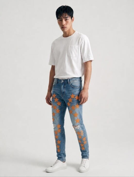 DD2 D'andijieshen Other - DD2 Faux Leather Orange Applique Star Distressed Denim Men's Size 30